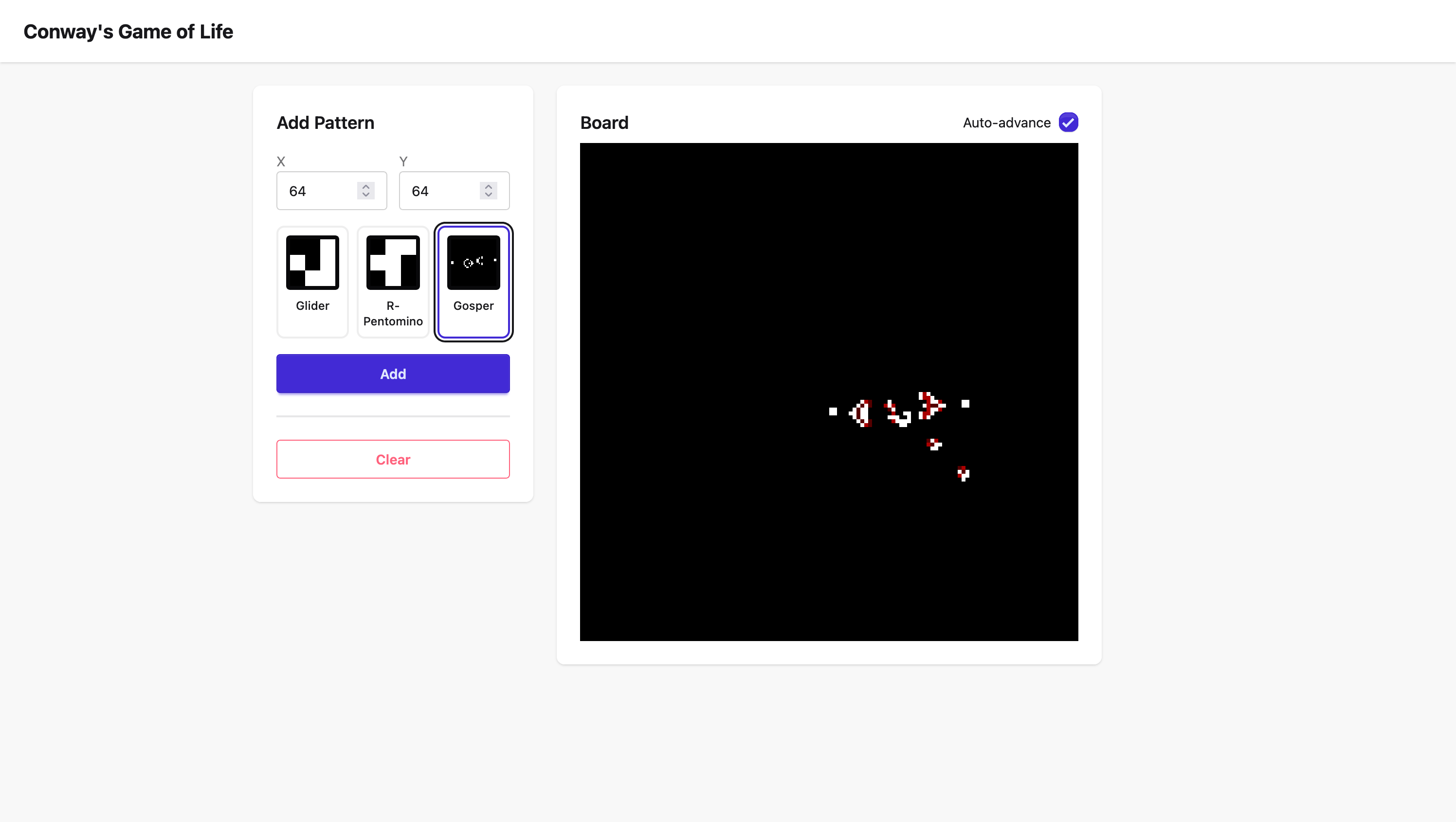 Browser UI showing the pattern selector and live board