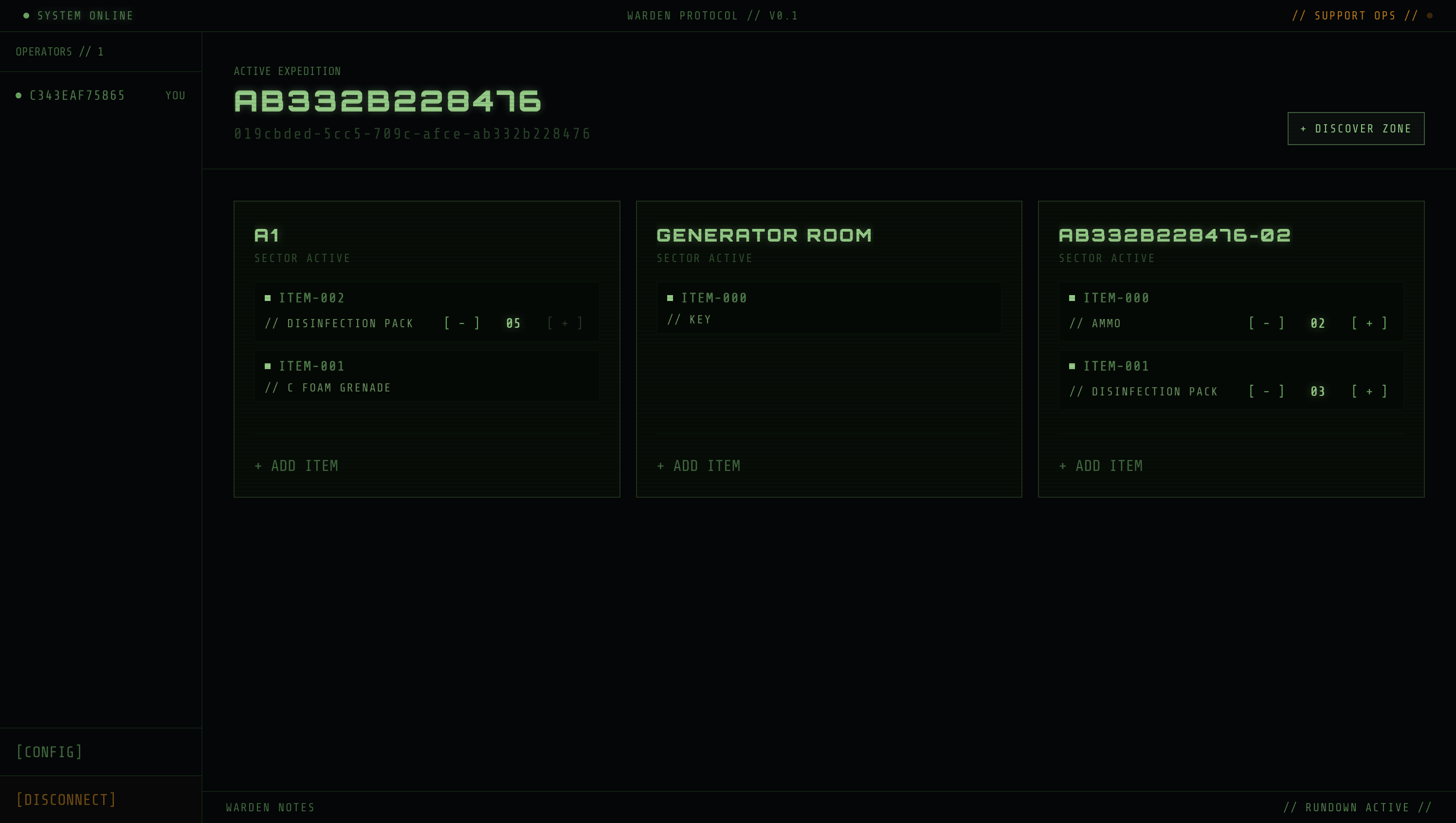 Screenshot of the expedition page where users can manage zones and items